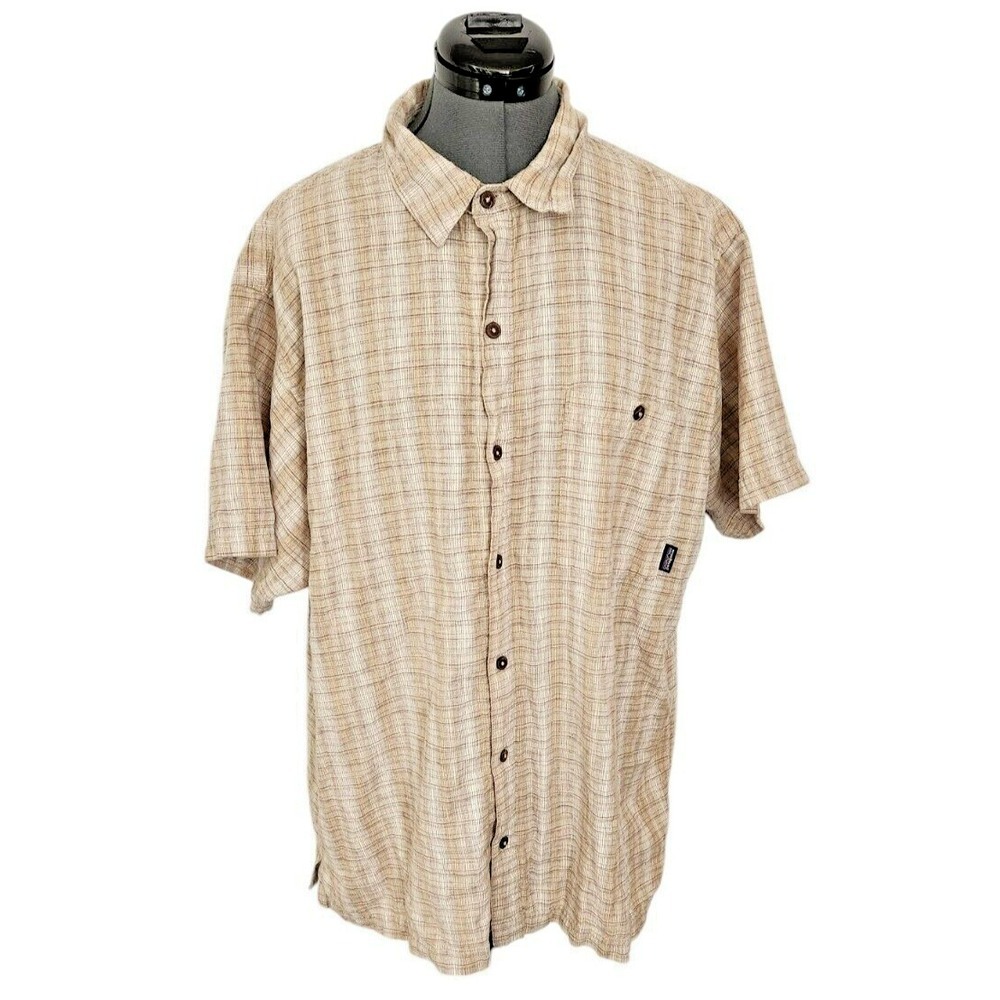 Patagonia Mens XL Hemp Organic Cotton Plaid Short Sleeve Button Down Shirt Tan